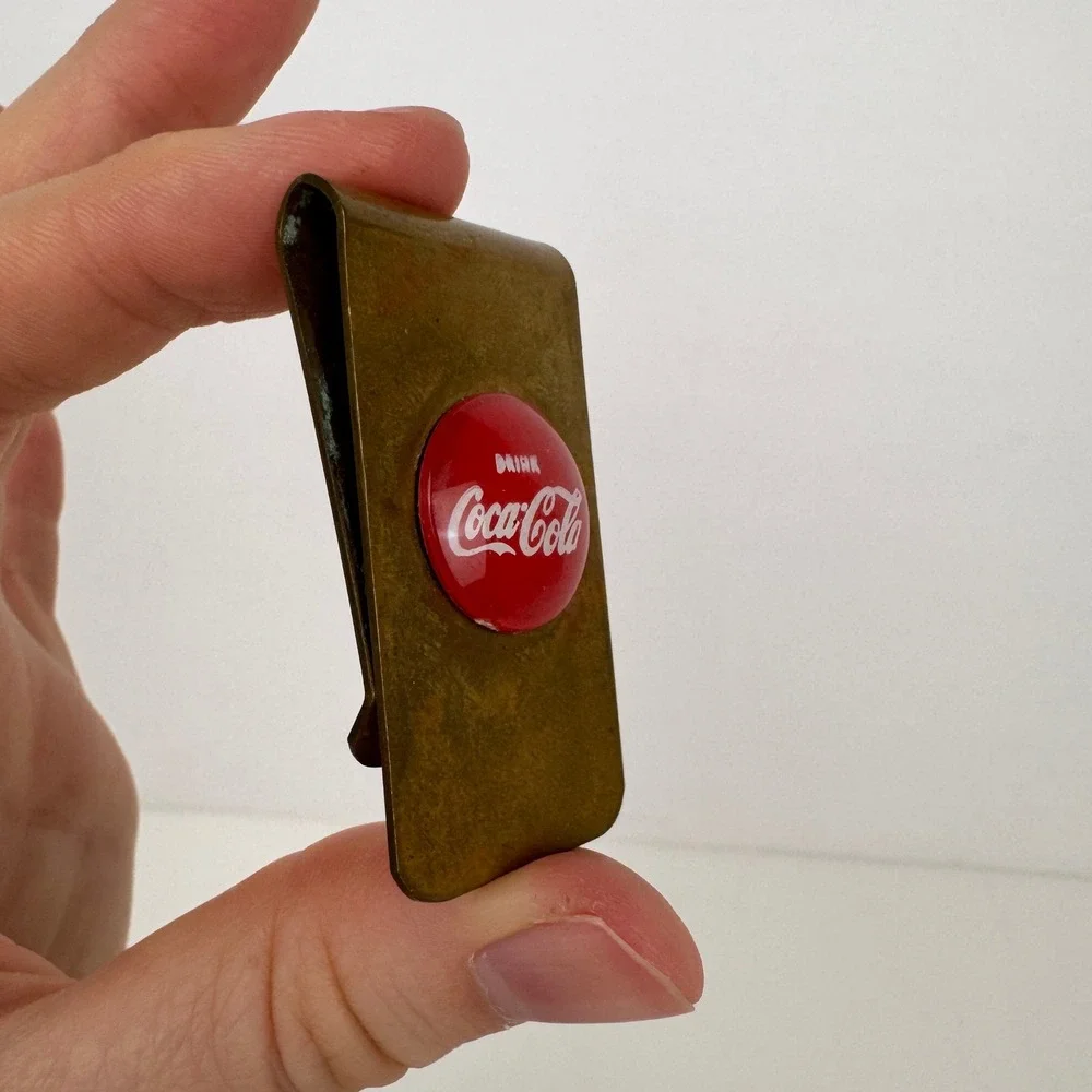 Vtg Coca Cola Coke Soda Merch w Red Logo Money Clip Brass Gold Color Metal Aged